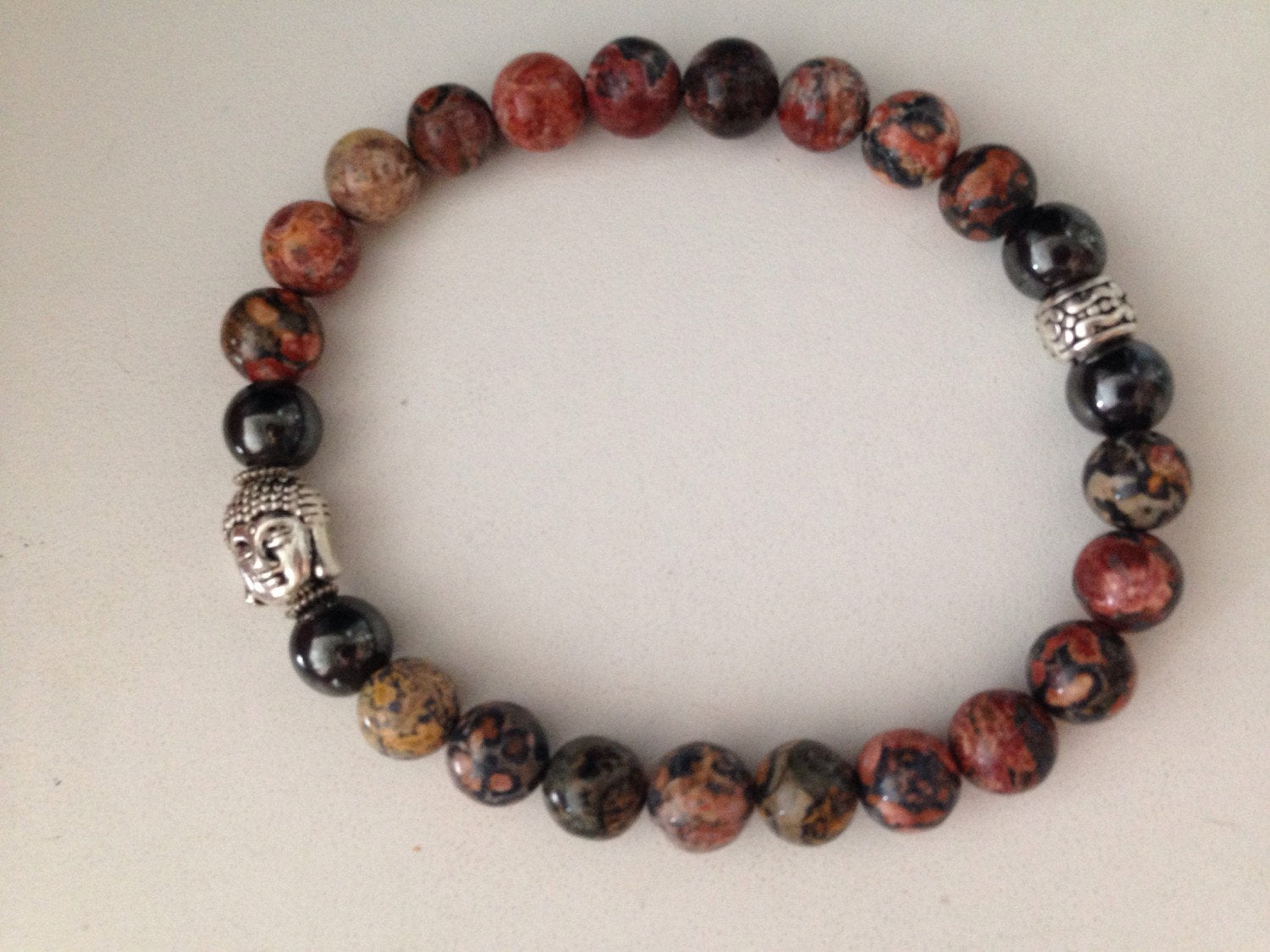 MENS BRACELET (B011) Buddha mens bracelet in leopardskin jasper and hematite, calming and grounding, zen jewelry