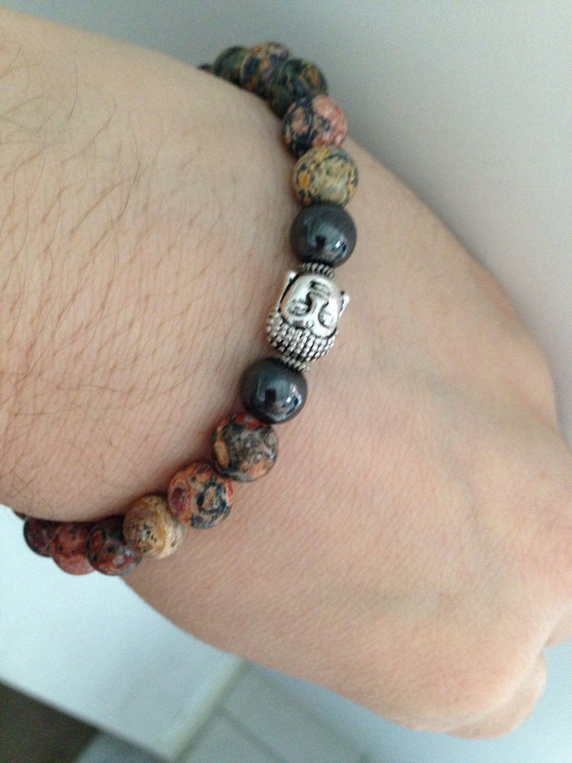 MENS BRACELET (B011) Buddha mens bracelet in leopardskin jasper and hematite, calming and grounding, zen jewelry