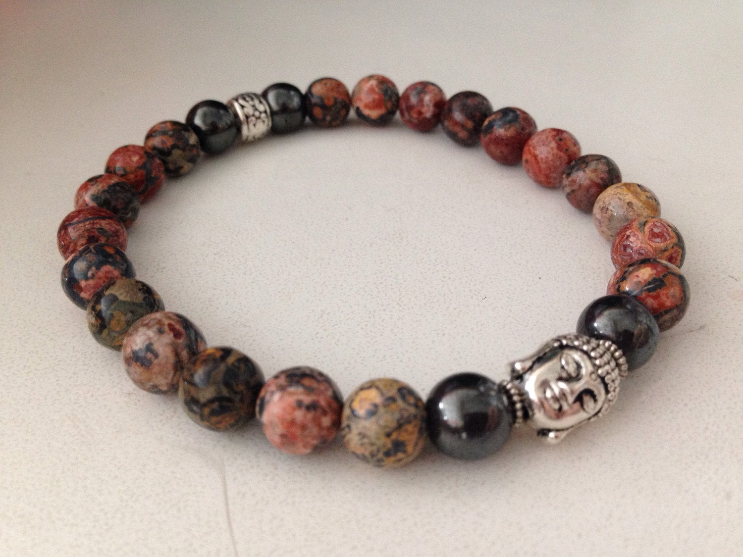 MENS BRACELET (B011) Buddha mens bracelet in leopardskin jasper and hematite, calming and grounding, zen jewelry