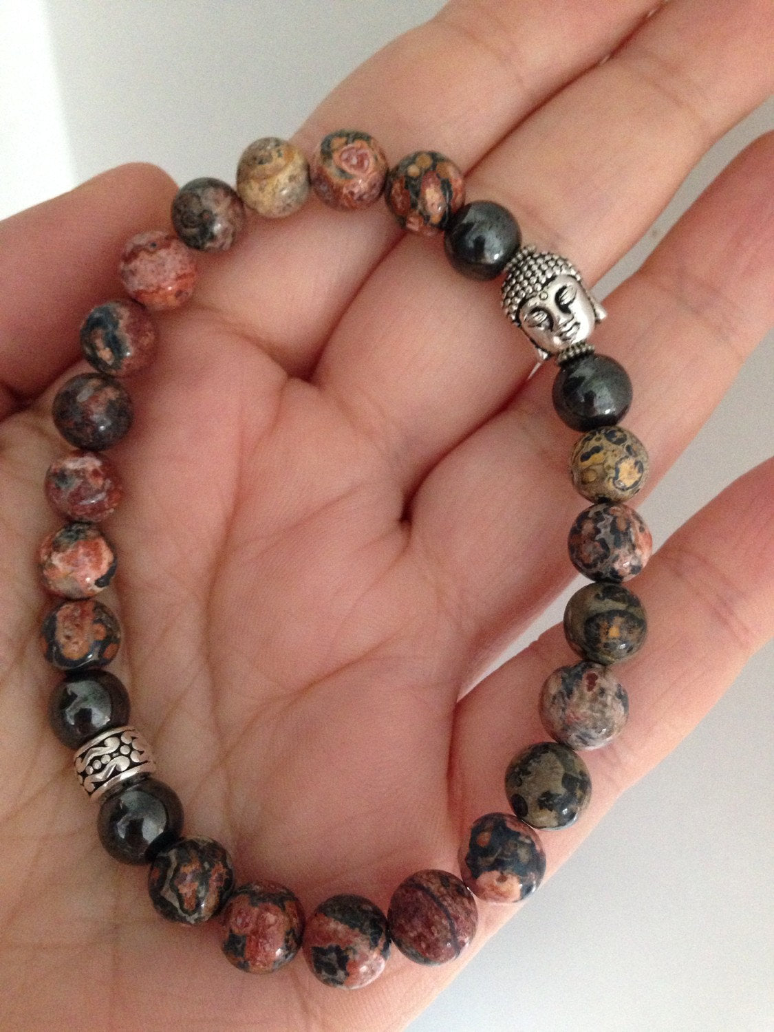 MENS BRACELET (B011) Buddha mens bracelet in leopardskin jasper and hematite, calming and grounding, zen jewelry