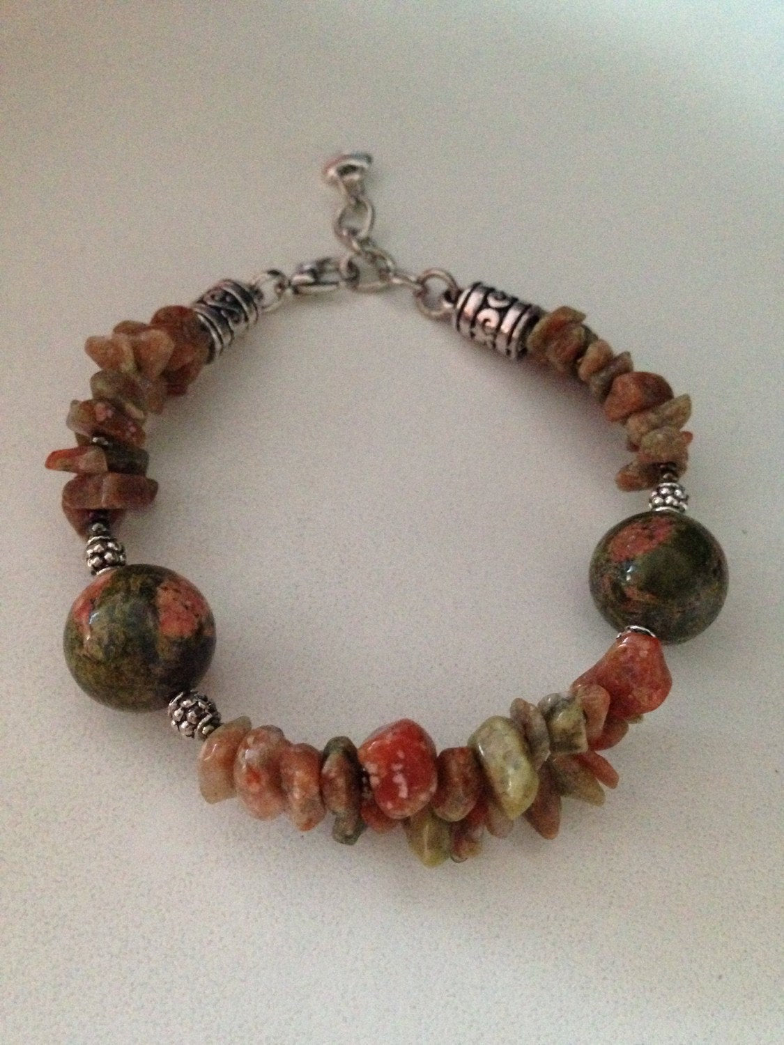 LADIES BRACELET in unakite and autumn jasper with a heart charm, stone bracelet, stone jewelry, jasper bracelet, meditation stones