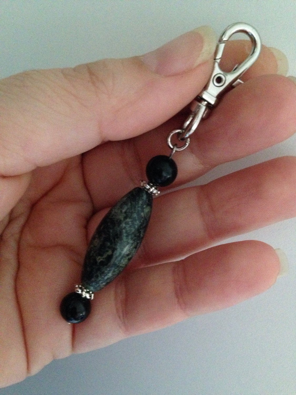 STONE KEYCHAIN Black onyx and Kambaba Jasper keychain, purse charm, zipper pull, stone key chain purse jewelry