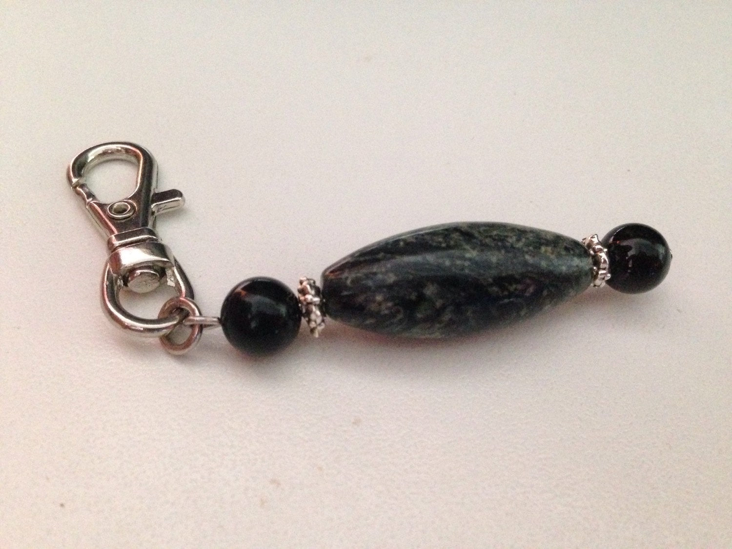 STONE KEYCHAIN Black onyx and Kambaba Jasper keychain, purse charm, zipper pull, stone key chain purse jewelry