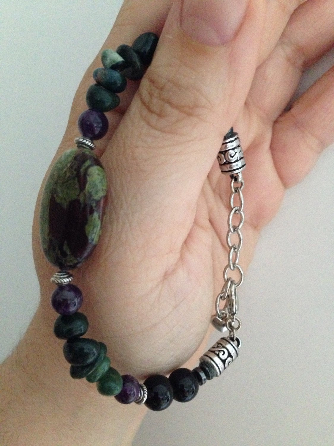 Men's bracelet in Bloodstone, amethyst , black onyx and hematite (B189), Aries Zodiac, stone bracelet, stone jewelry
