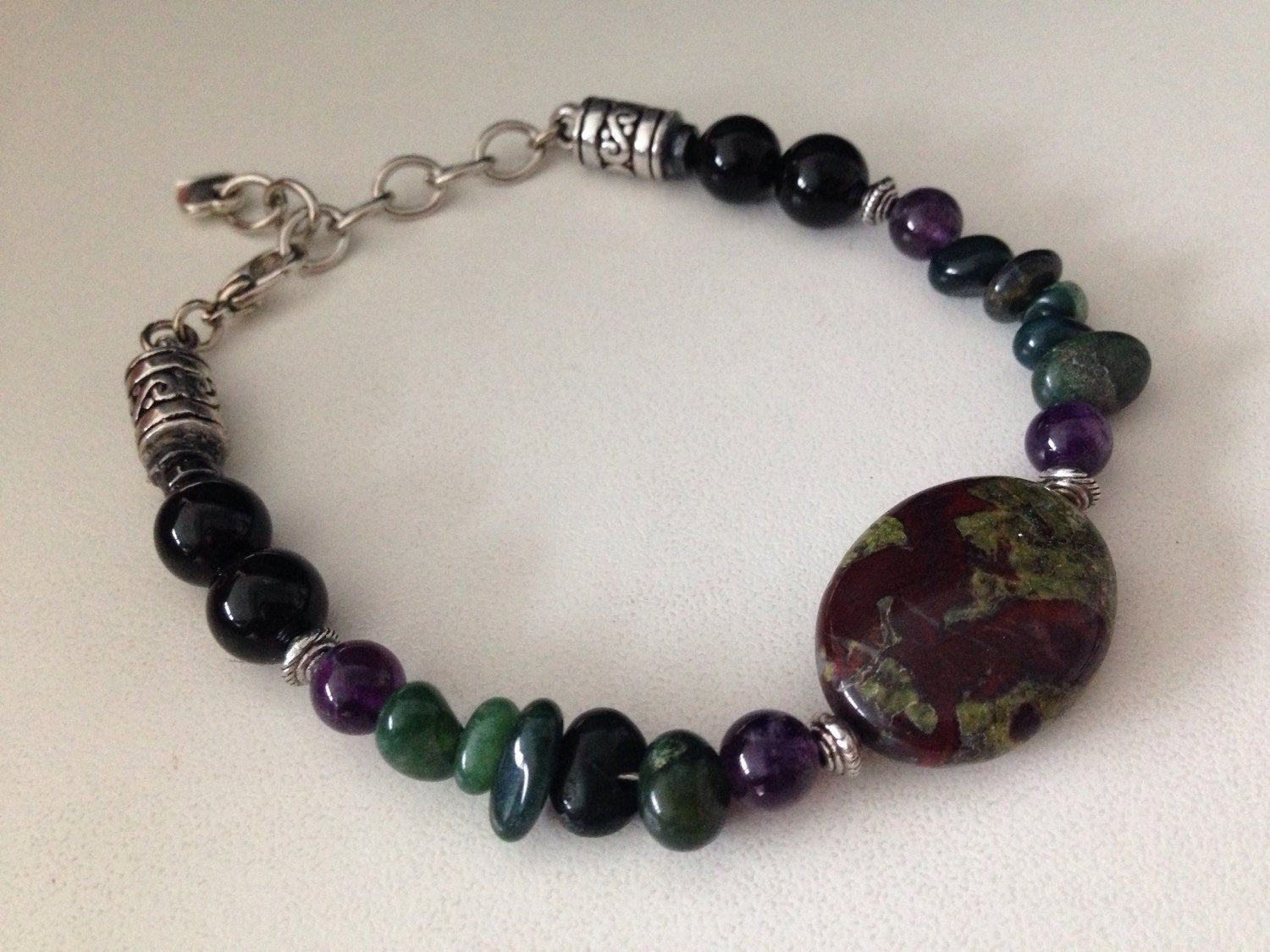 Men's bracelet in Bloodstone, amethyst , black onyx and hematite (B189), Aries Zodiac, stone bracelet, stone jewelry