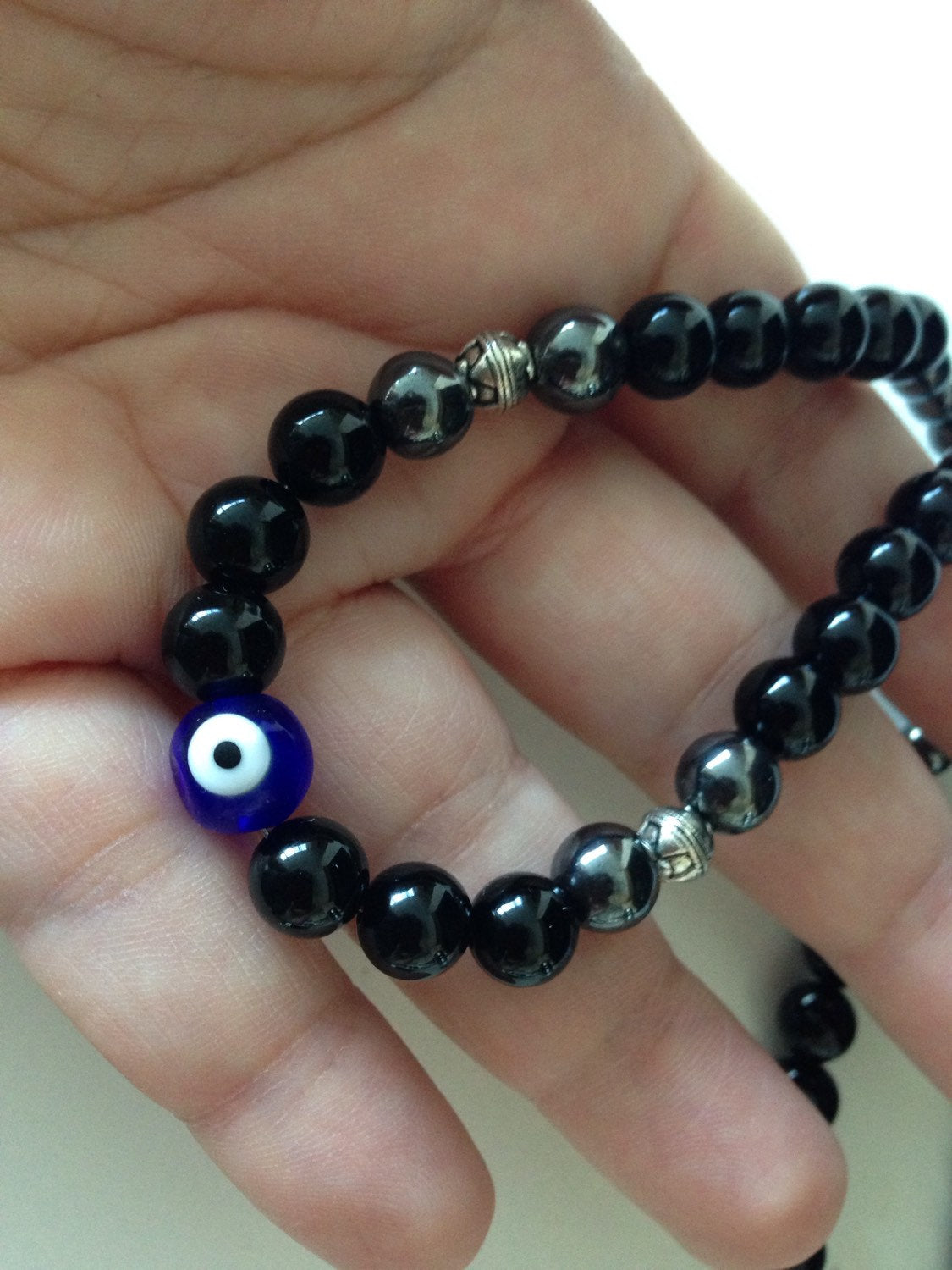 Men's necklace with black onyx and hematite, gift for him, men's necklace, blue evil eye bead