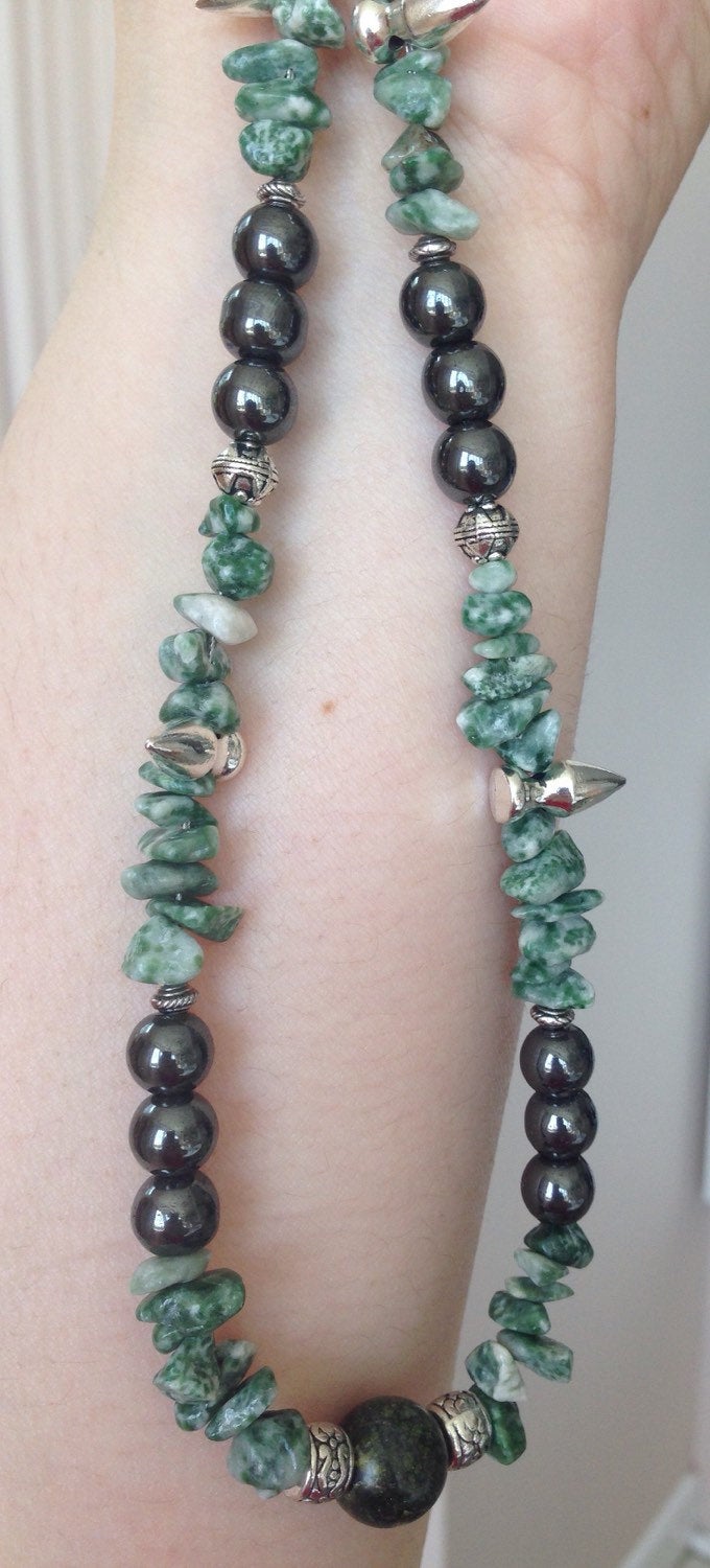Men's Necklace SPIKES w/tree agate, Russian Serpentine and hematite, stone jewelry, gift for him, spike jewelry, stone necklace