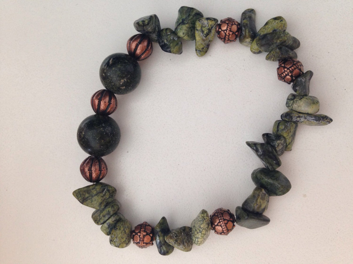 Women's bracelet in Serpentine and copper tone (B144), fall tones, stone bracelet, stone jewelry