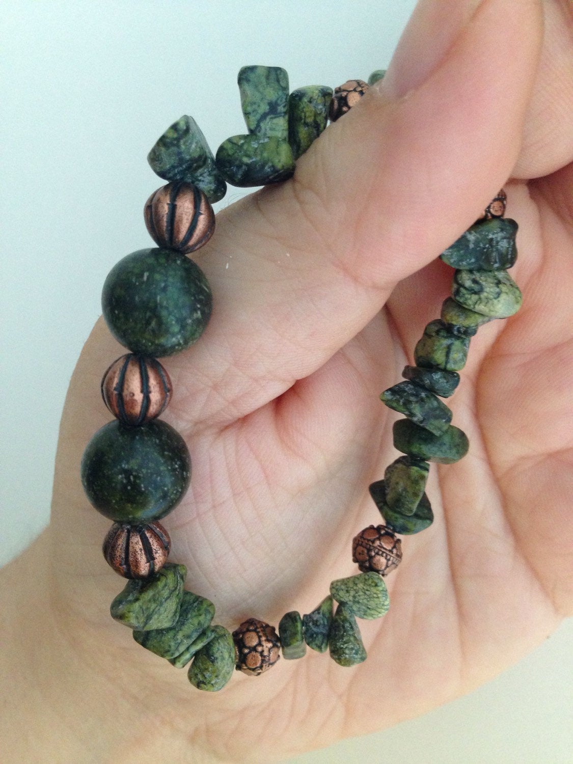 Women's bracelet in Serpentine and copper tone (B144), fall tones, stone bracelet, stone jewelry