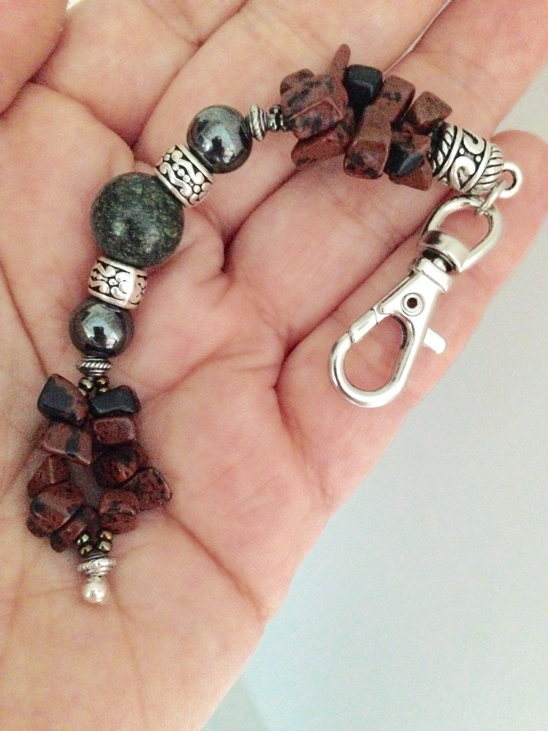 PROTECTION keychain from malice and evil eye with serpentine, hematite and mahogany obsidian, stone keychain