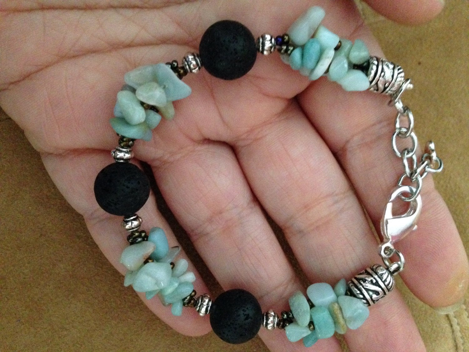Women's Bracelet - Amazonite and black lava stone, mala jewelry, gift for her, stone jewelry
