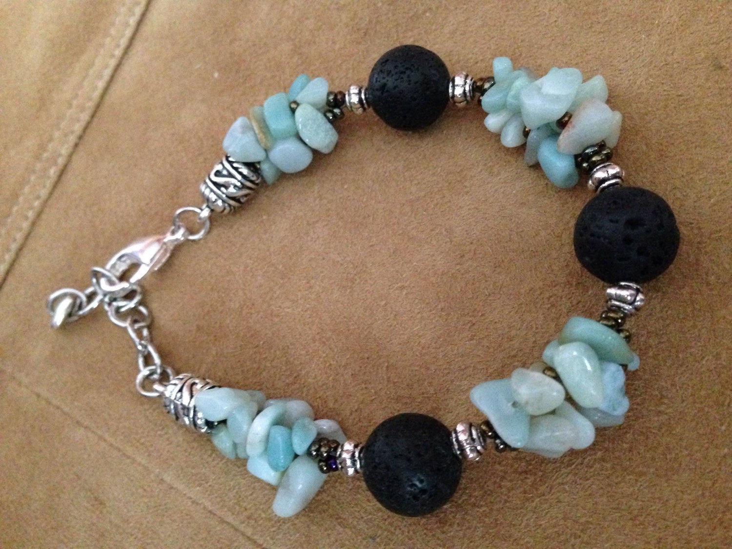 Women's Bracelet - Amazonite and black lava stone, mala jewelry, gift for her, stone jewelry
