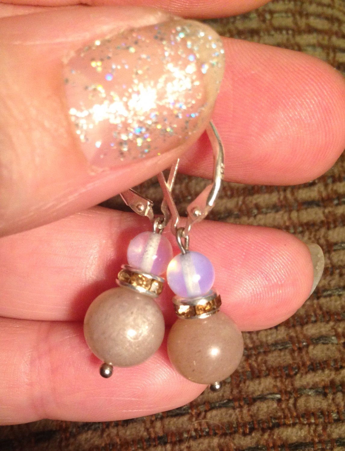 Womens earrings (E024) Peach moonstone and opalite earrings, crystal rhinestones, natural stone earrings, stone jewelry, stone gift
