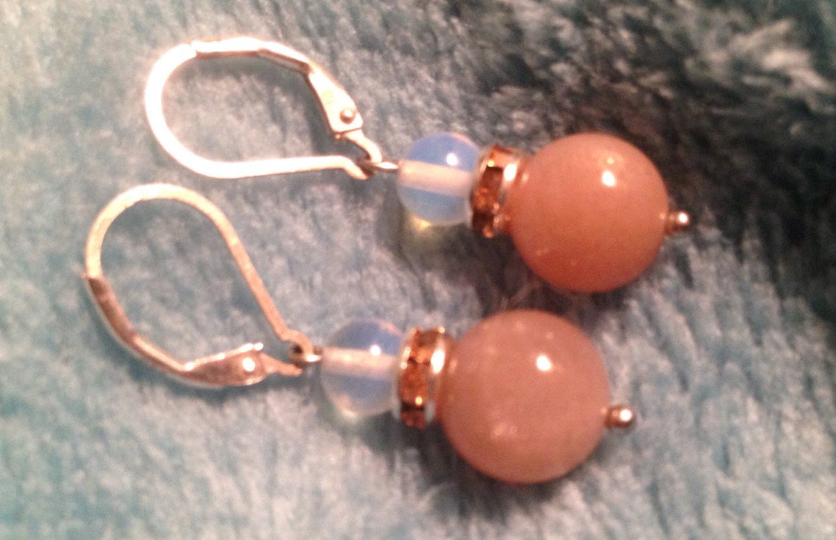 Womens earrings (E024) Peach moonstone and opalite earrings, crystal rhinestones, natural stone earrings, stone jewelry, stone gift