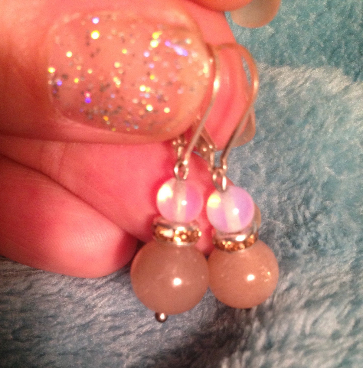 Womens earrings (E024) Peach moonstone and opalite earrings, crystal rhinestones, natural stone earrings, stone jewelry, stone gift