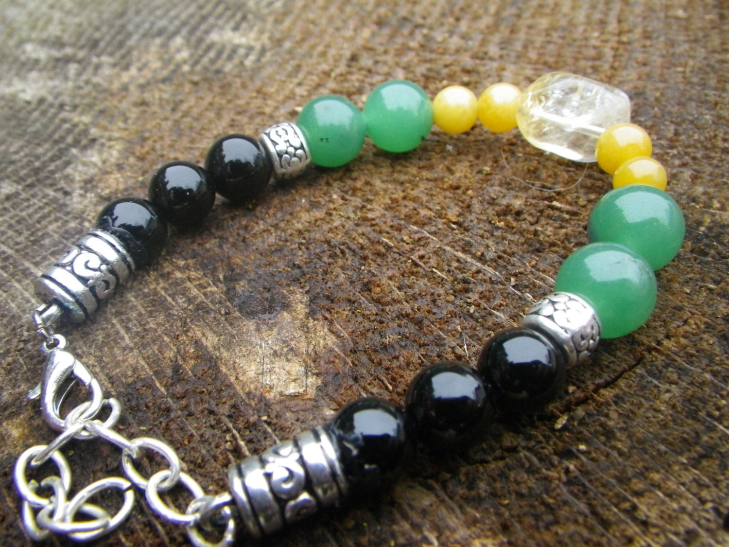 GOOD LUCK bracelet yellow jade, green aventurine, citrine and black onyx, stone bracelet, lucky amulet, prosperity