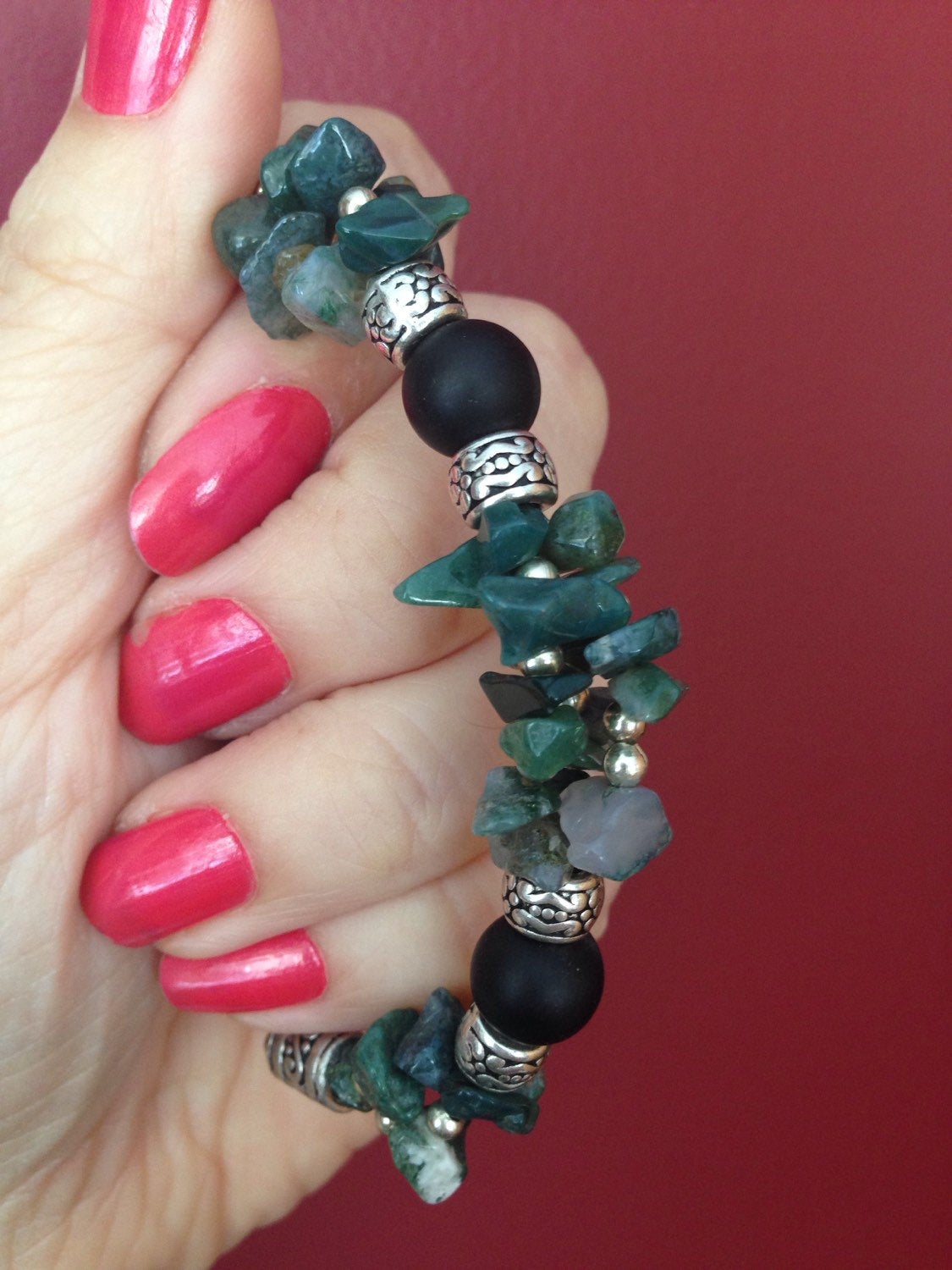 Women's bracelet in black onyx and moss agate (B157), stone jewelry, prosperity, good luck amulet, meditation bracelet