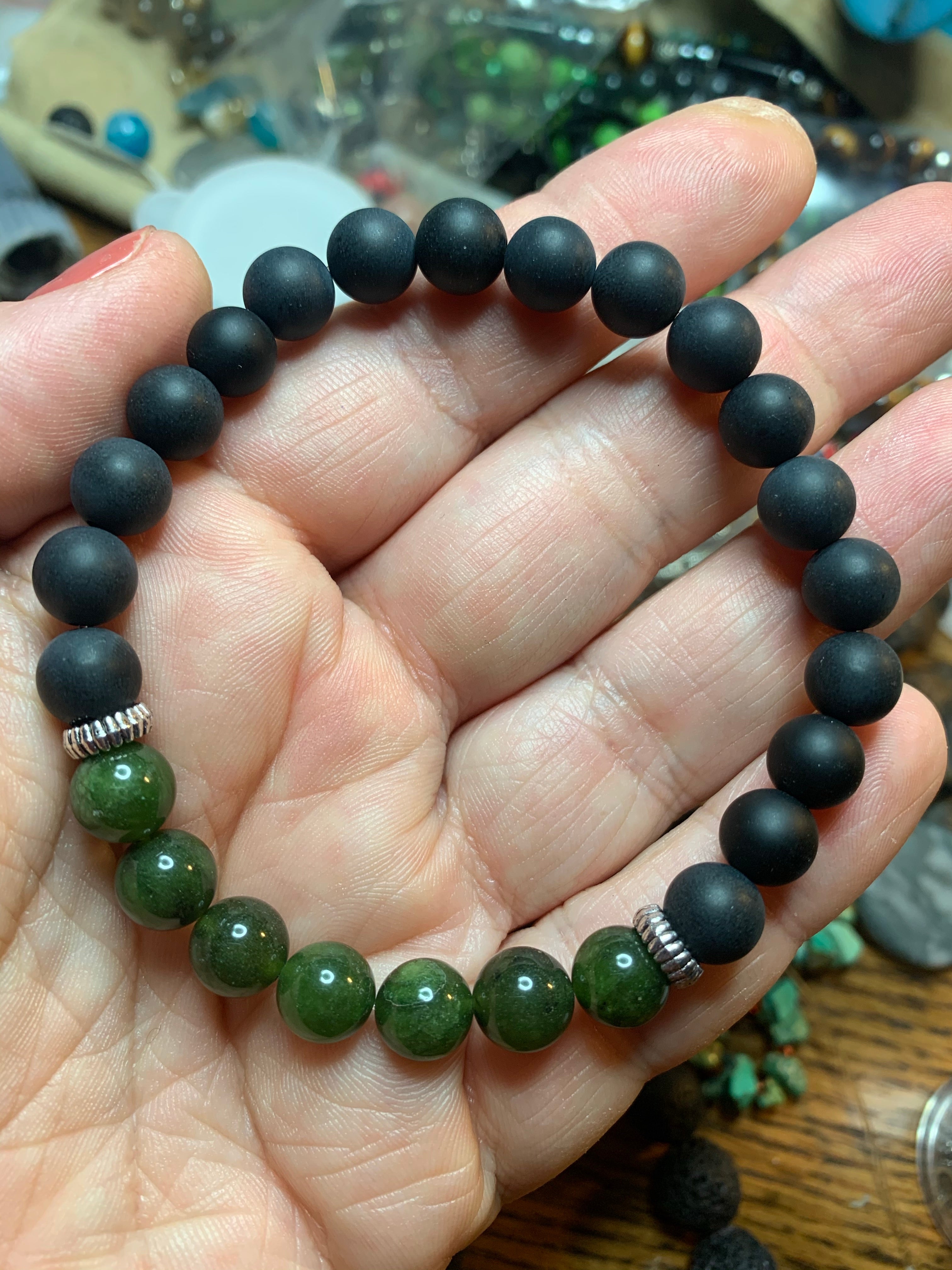 Nephrite jade and matte black onyx bead bracelet for good luck and prosperity