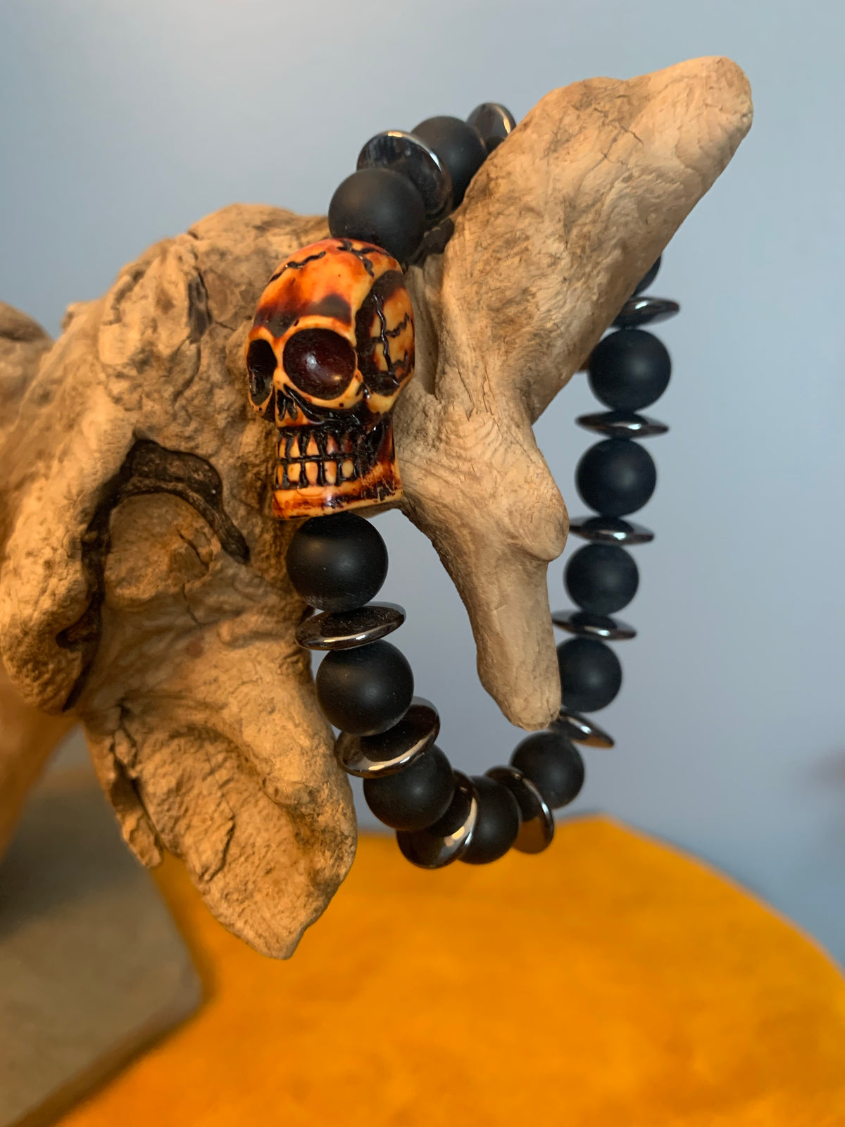 Skull bracelet with black onyx and hematite, Skater, skateboard, scooter