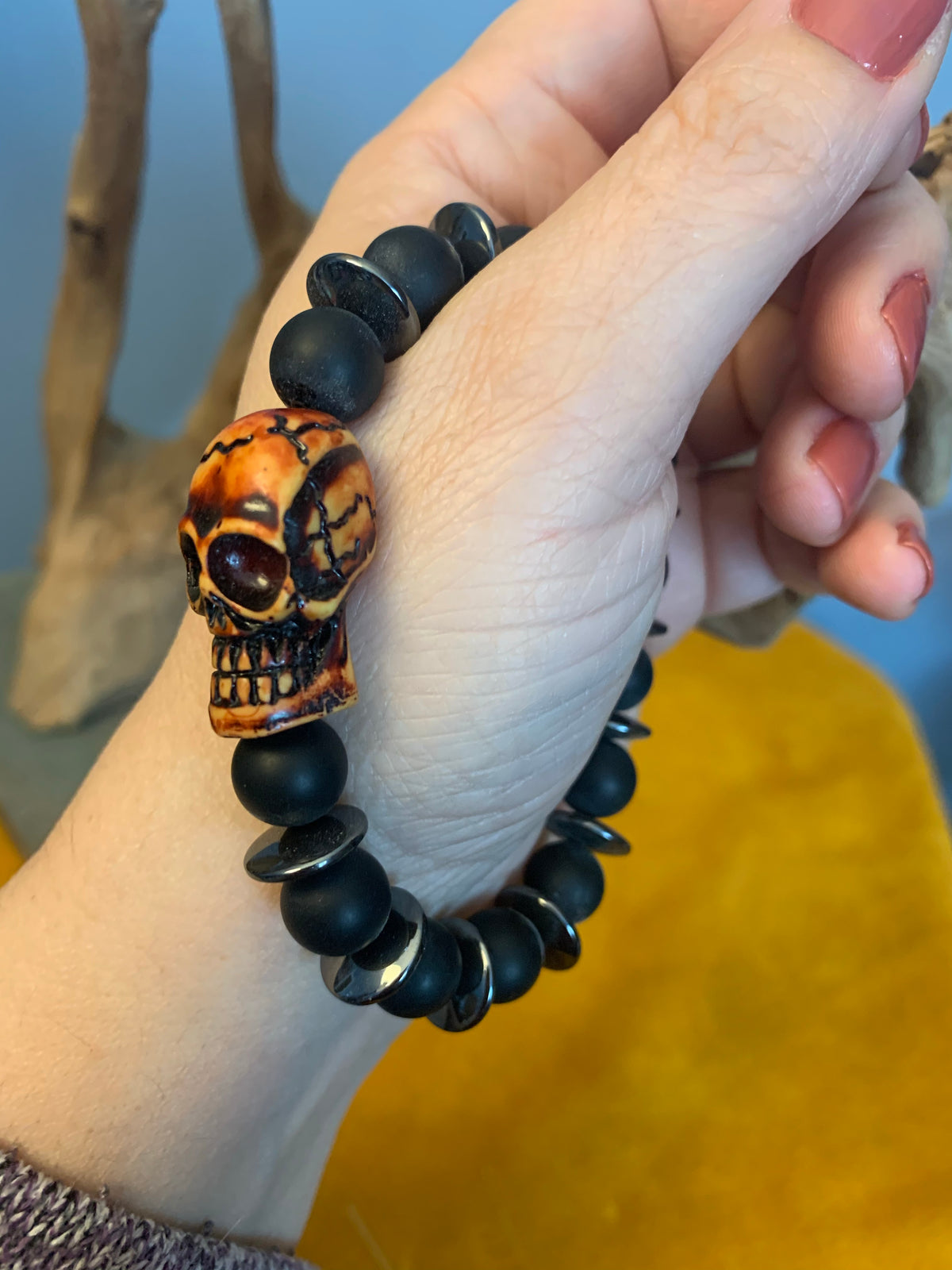 Skull bracelet with black onyx and hematite, Skater, skateboard, scooter