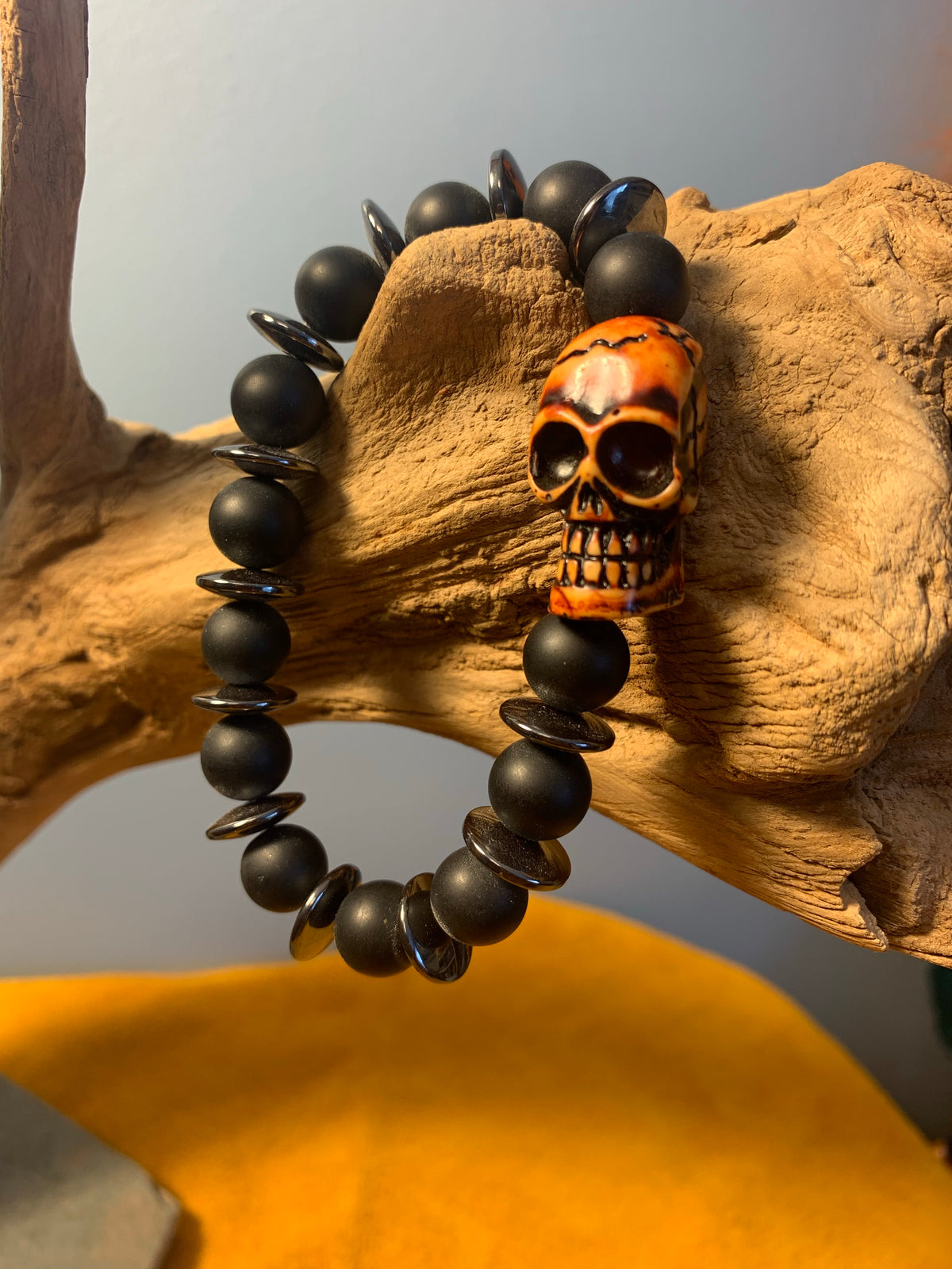 Skull bracelet with black onyx and hematite, Skater, skateboard, scooter